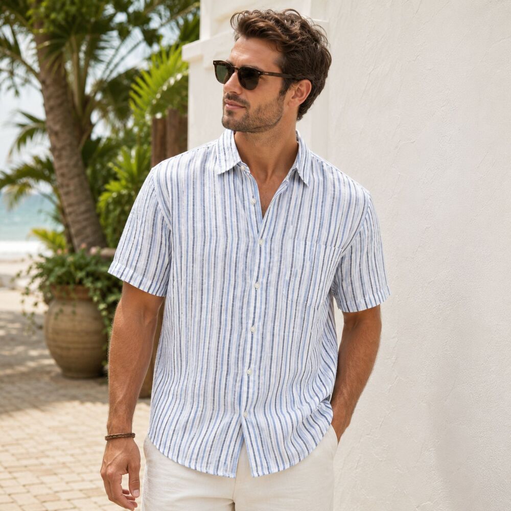 Panama Jack Linen Blend Striped Button Up Shirt Mens Medium Blue White Coastal